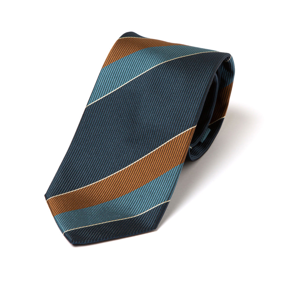 Block Stripe Navy Blue Orange-Brown Woven Silk Tie
