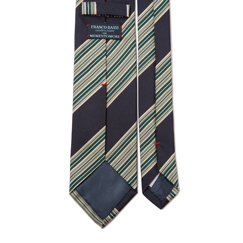 Retro Block Stripe Navy Green Beige Woven Silk Cotton Tie
