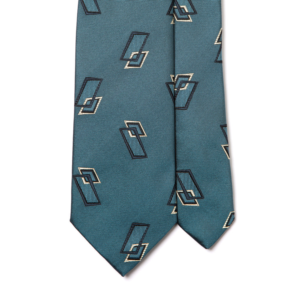 Double Square Pattern Smoke Blue Woven Silk Tie