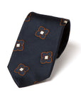 Signature Big Flower Colorful Pattern Dark Navy Brown White Woven Silk Tie