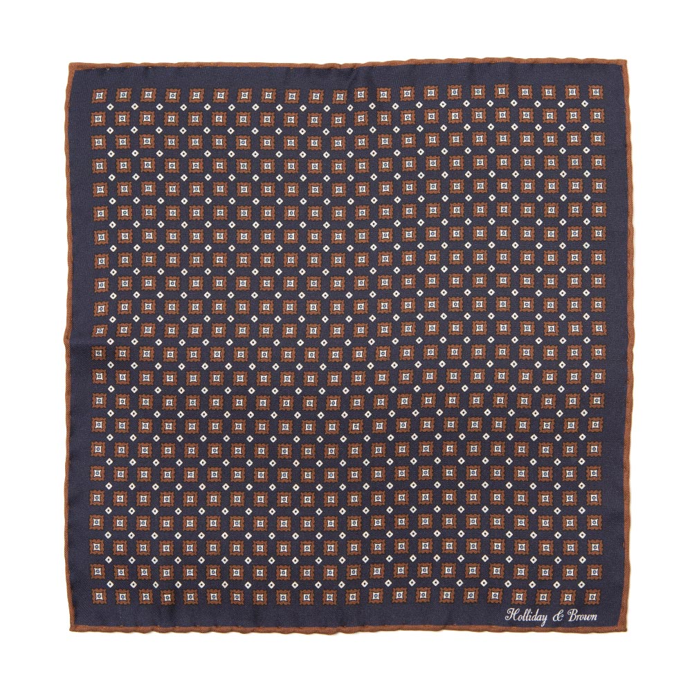 Square &amp; Full Paisley Double Faced Navy Brown Printed Silk Pocket Square