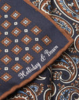 Square & Full Paisley Double Faced Navy Brown Printed Silk Pocket Square