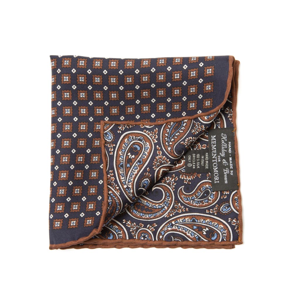 Square &amp; Full Paisley Double Faced Navy Brown Printed Silk Pocket Square