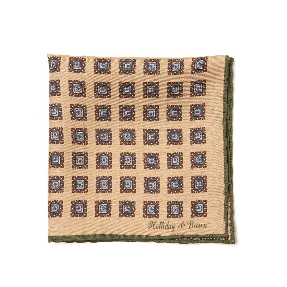 Square &amp; Circle Pattern Double Faced Beige Olive Printed Silk Pocket Square