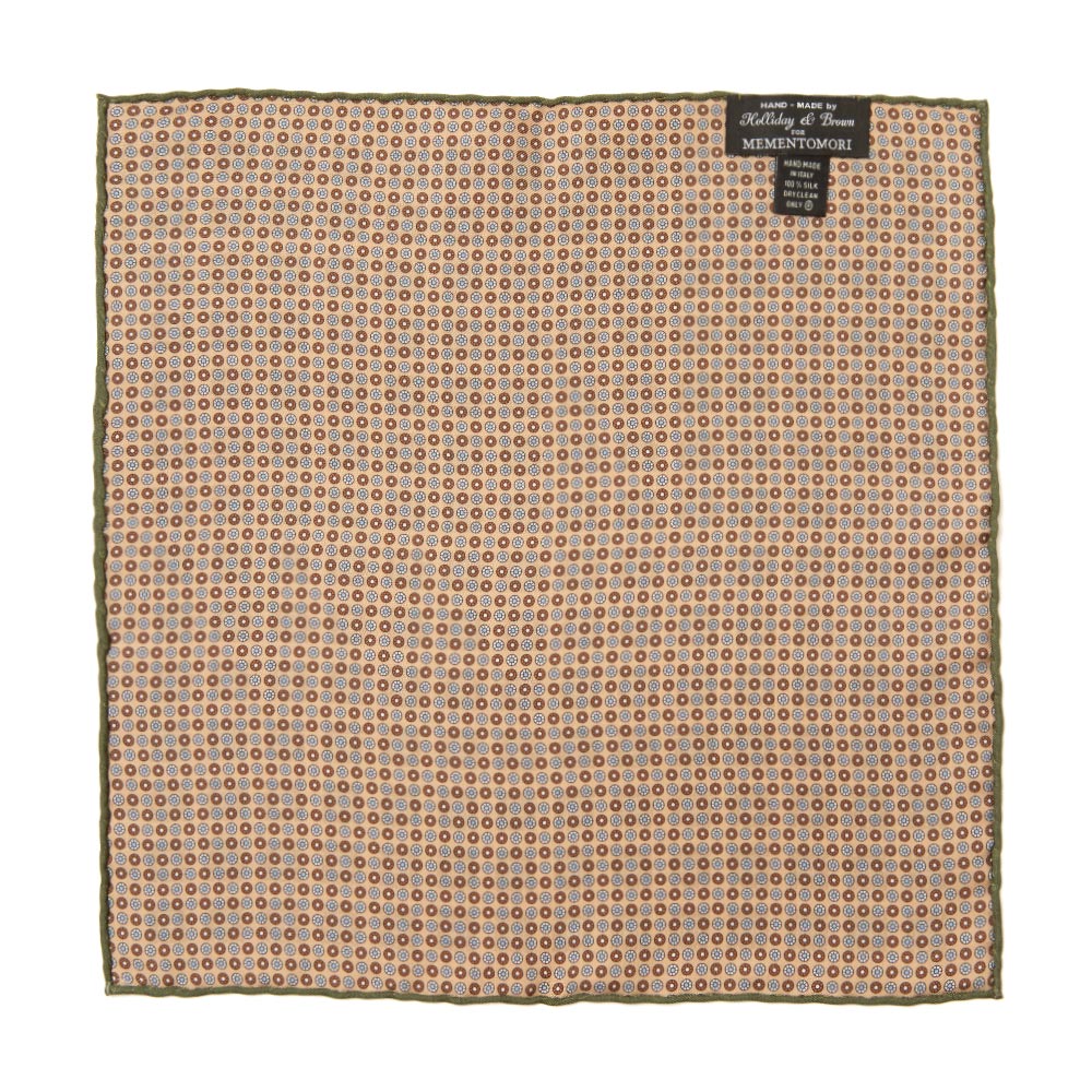 Square &amp; Circle Pattern Double Faced Beige Olive Printed Silk Pocket Square