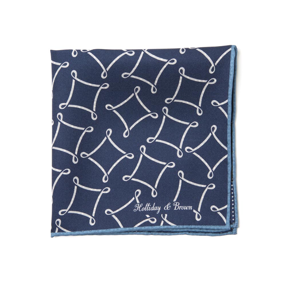 Signature &amp; Dot Pattern Double Faced Navy Blue Printed Silk Pocket Square