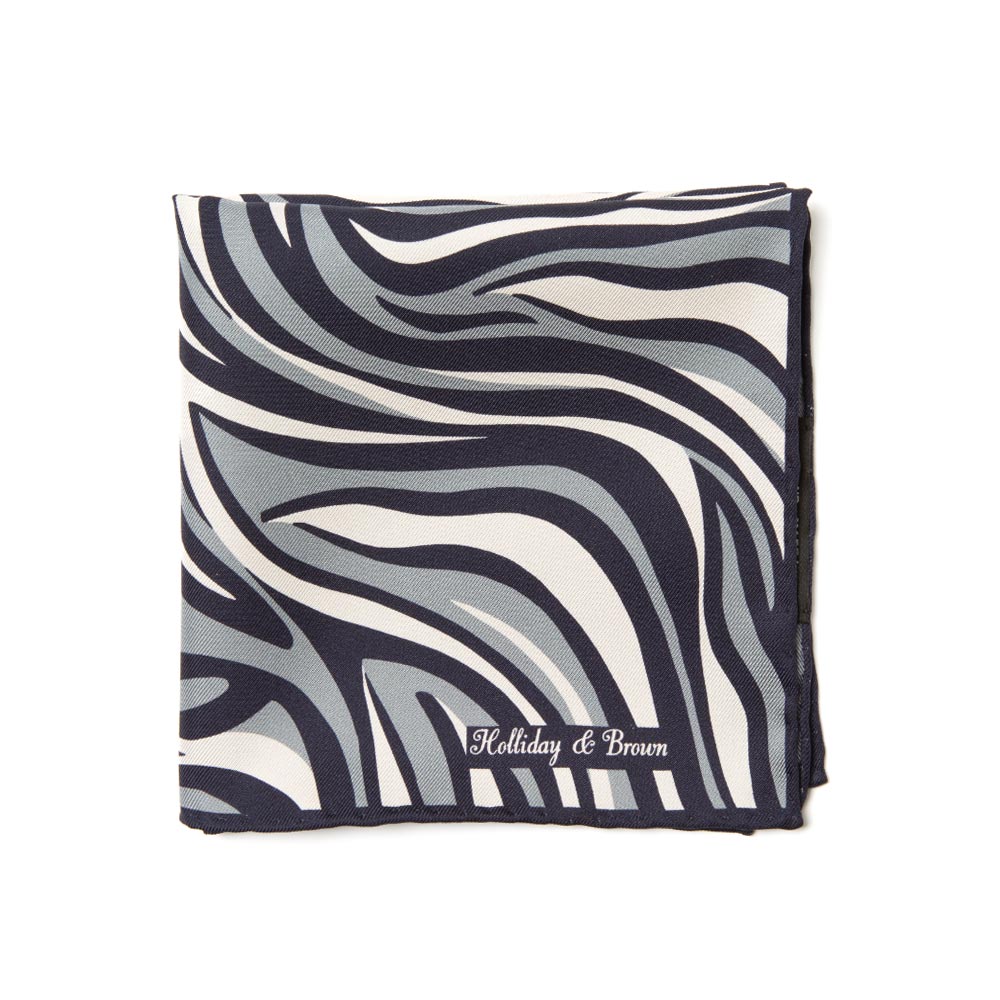 Wave &amp; Solid Double Faced Navy Gray Printed Silk Pocket Square