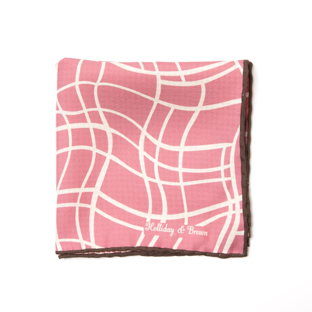 Signature &amp; Houndstooth Pattern Double Faced Pink Brown Printed Silk Pocket Square
