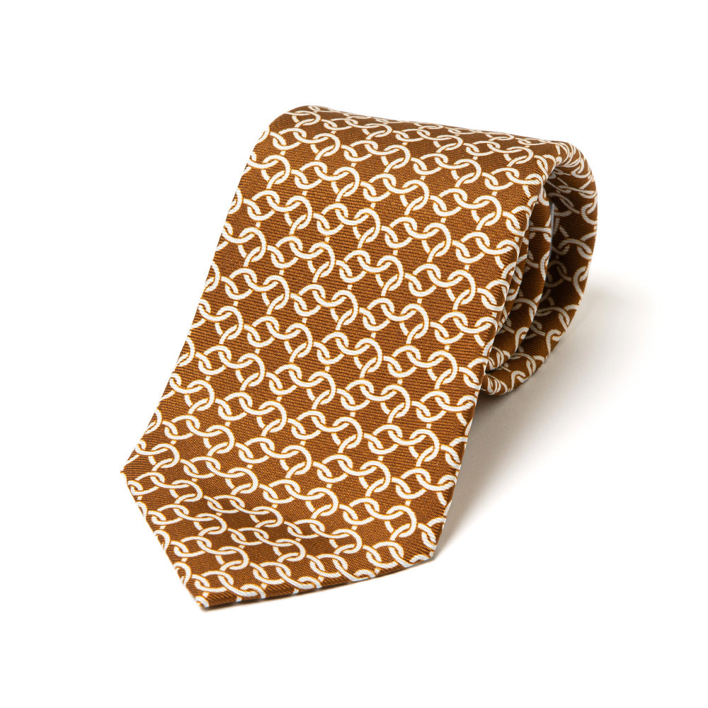 Classic Chain Pattern Brown Printed Silk Tie