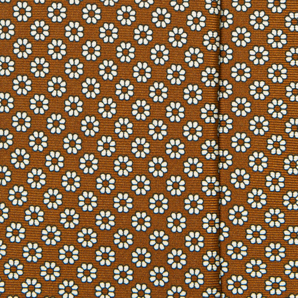 White Flower Pattern Brown Printed Silk Tie