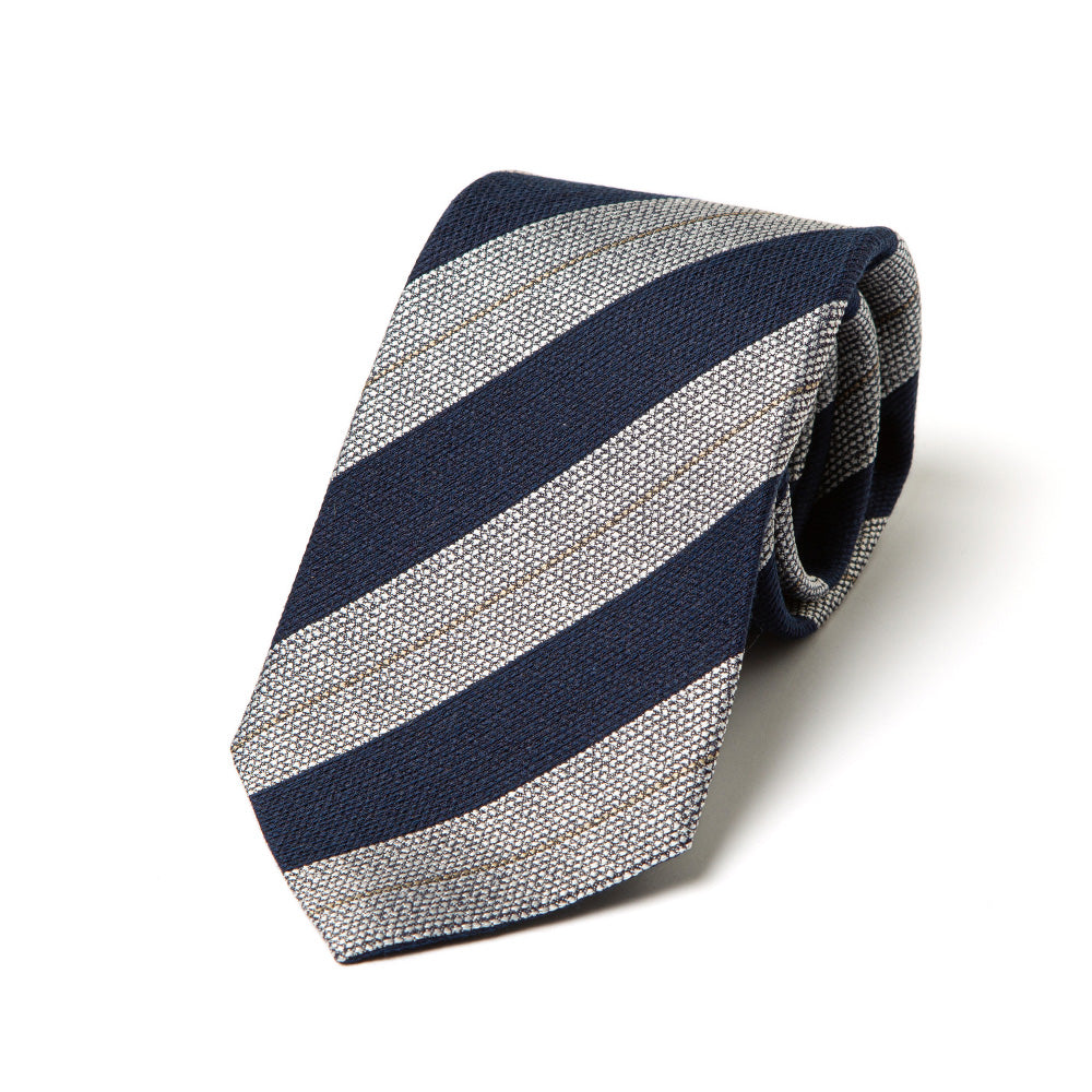 Formal Stripe Dark Navy Silver Silk Cotton Tie