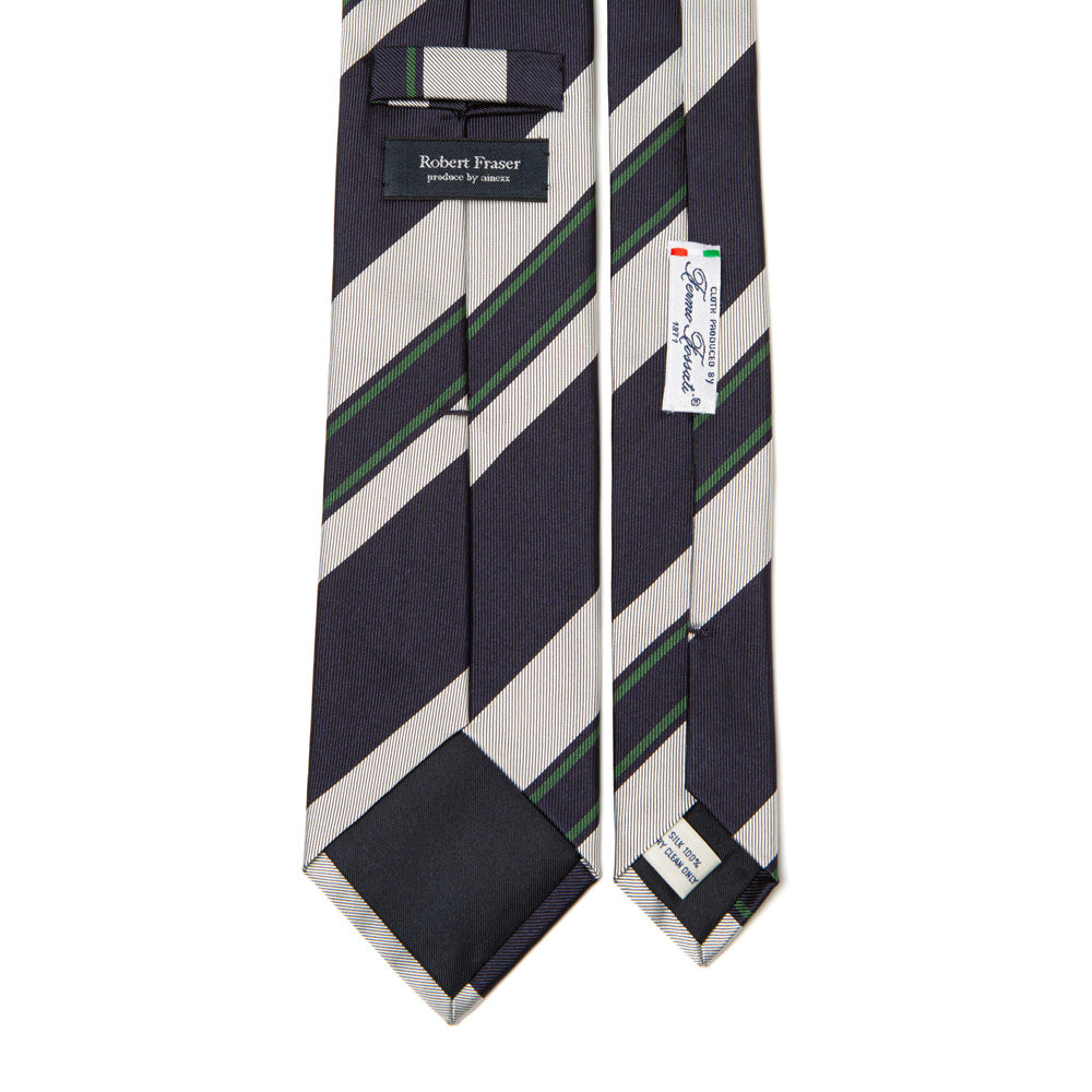 Green Line Dark Navy Silver Block Stripe Silk Tie