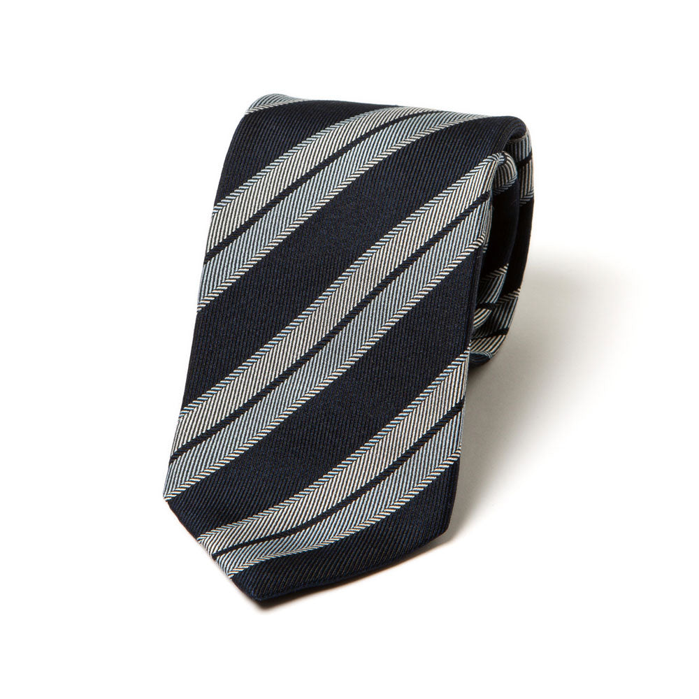 Herringbone Stripe Dark Navy Blue Silver Silk Tie