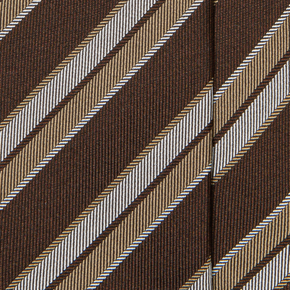 Herringbone Stripe Brown Beige Silver Silk Tie