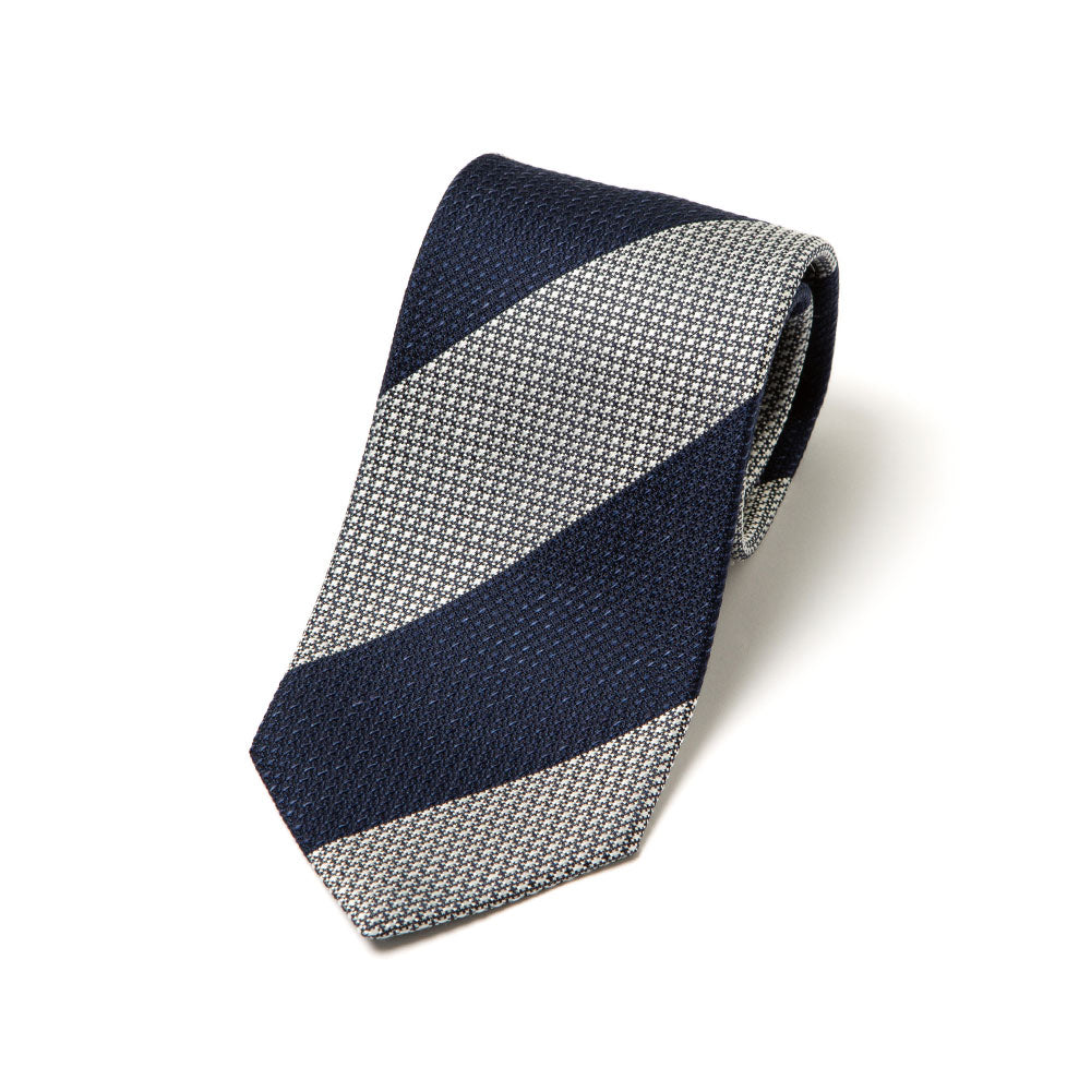 Signature Block Stripe Navy White Woven Silk Linen Tie