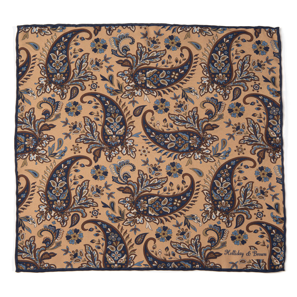 Flower Paisley &amp; Solid Double-Face Beige and Navy Printed Silk Pocket Square