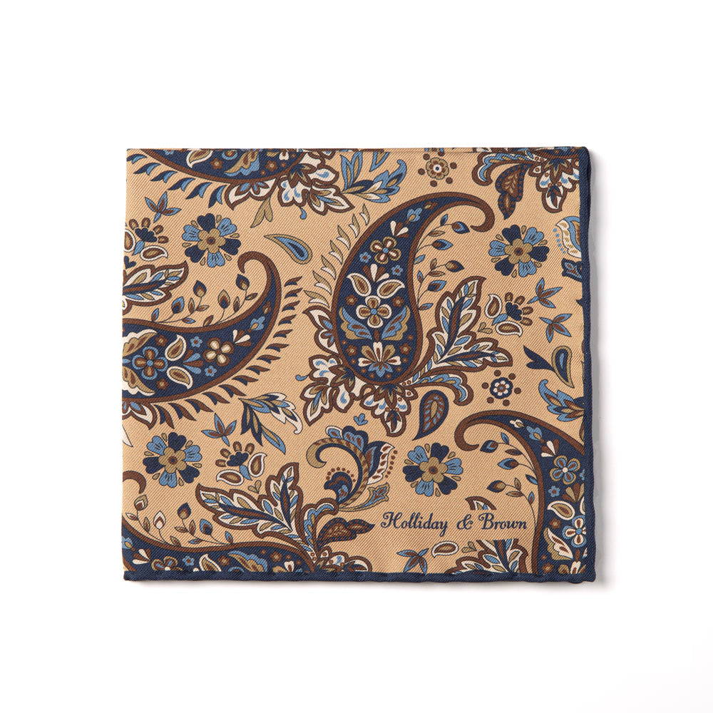 Flower Paisley &amp; Solid Double-Face Beige and Navy Printed Silk Pocket Square