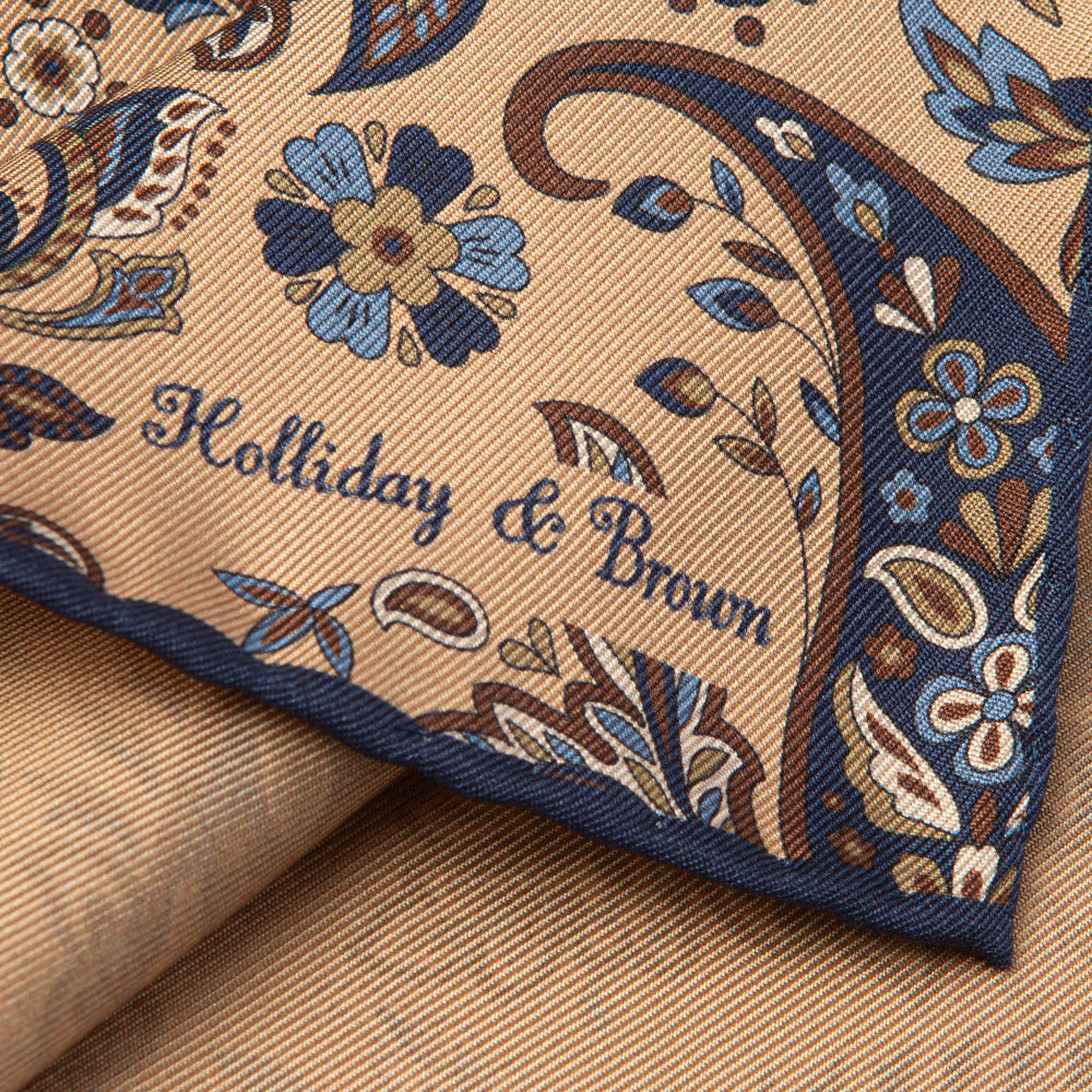 Flower Paisley &amp; Solid Double-Face Beige and Navy Printed Silk Pocket Square