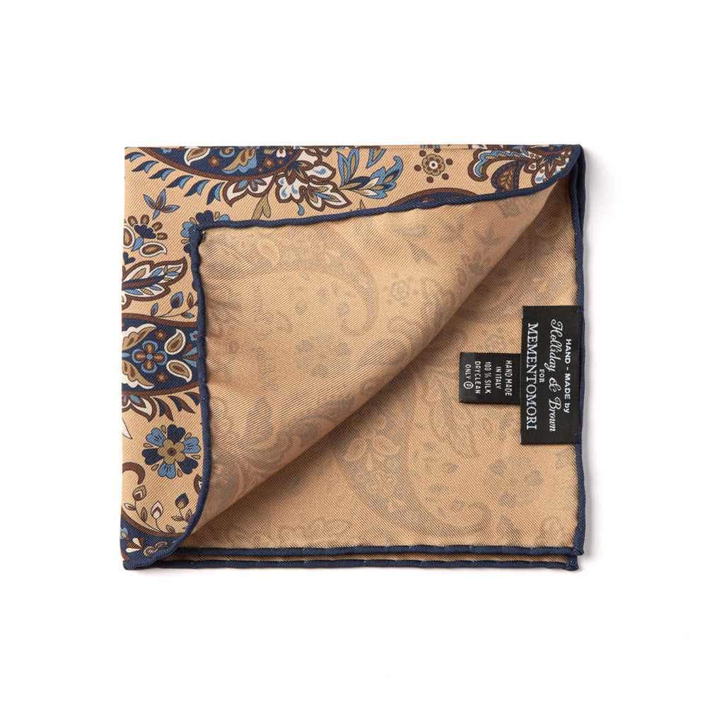 Flower Paisley &amp; Solid Double-Face Beige and Navy Printed Silk Pocket Square