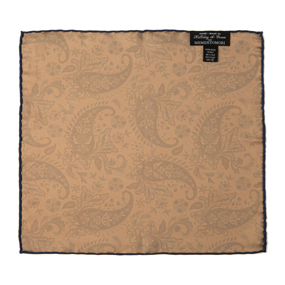 Flower Paisley &amp; Solid Double-Face Beige and Navy Printed Silk Pocket Square