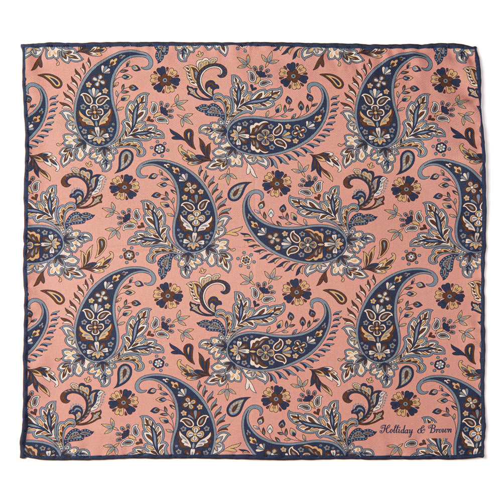 Flower Paisley &amp; Solid Double-Face Baby Pink and Navy Printed Silk Pocket Square