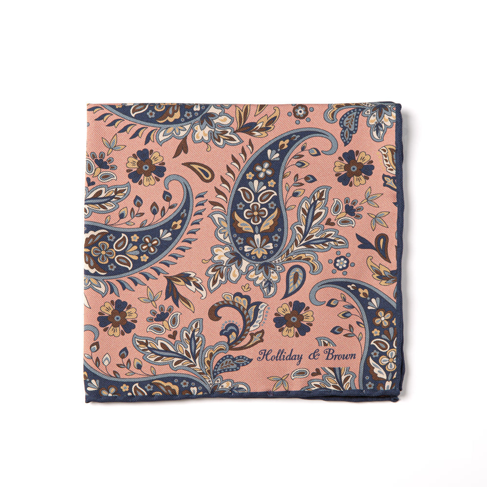 Flower Paisley &amp; Solid Double-Face Baby Pink and Navy Printed Silk Pocket Square