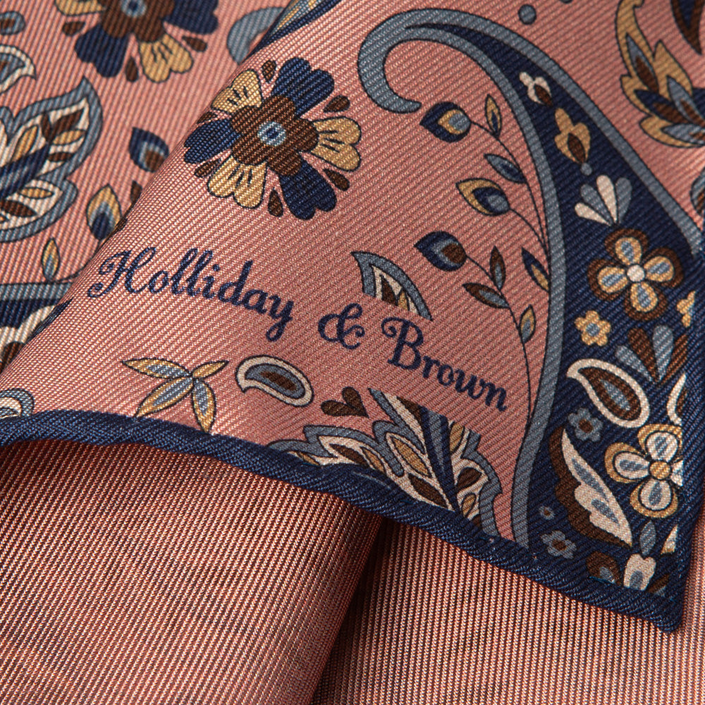 Flower Paisley &amp; Solid Double-Face Baby Pink and Navy Printed Silk Pocket Square