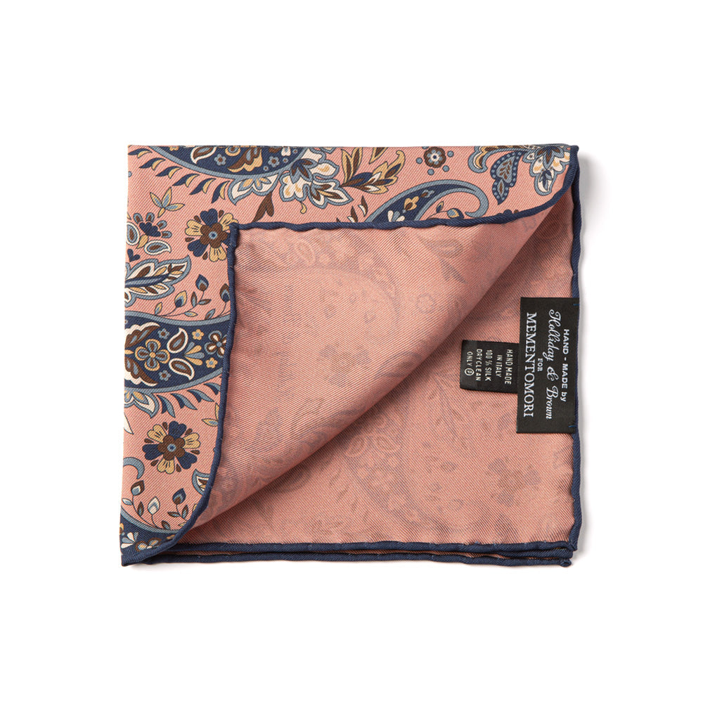 Flower Paisley &amp; Solid Double-Face Baby Pink and Navy Printed Silk Pocket Square