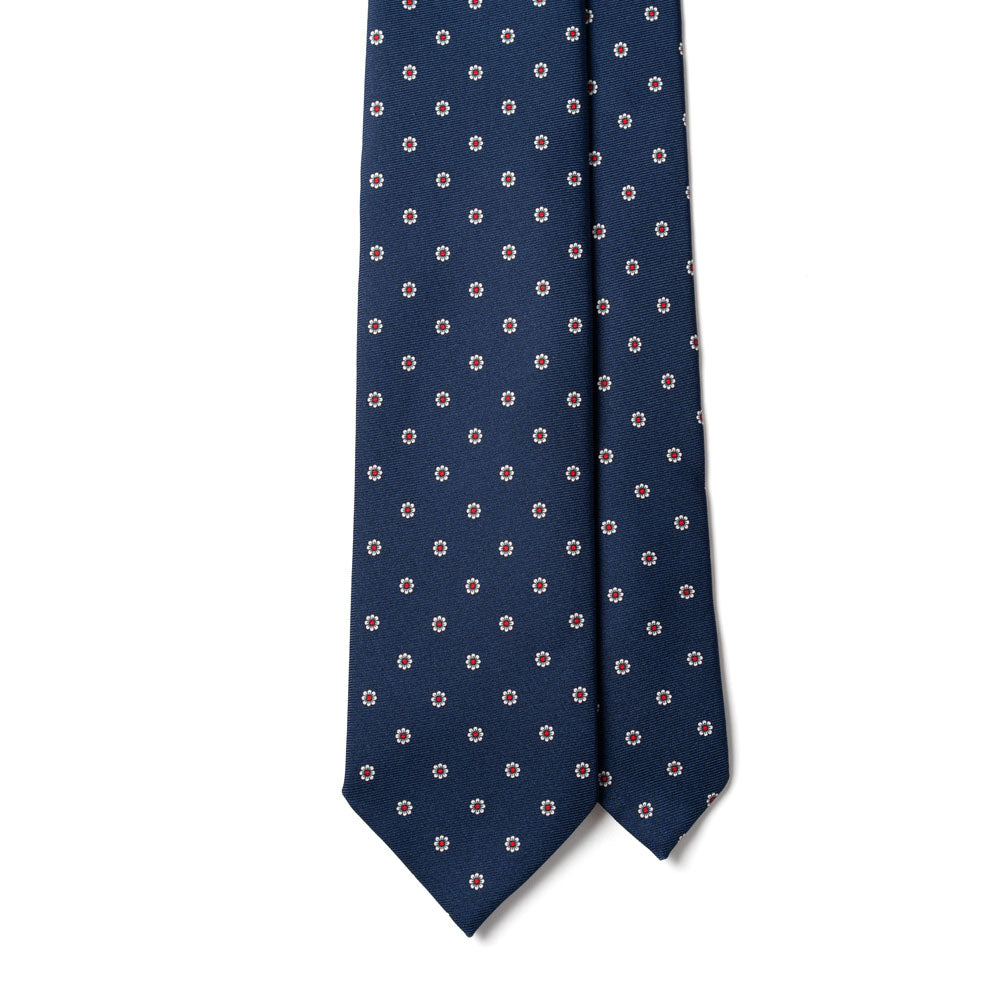 White Fiore Pattern Navy Printed Silk Tie