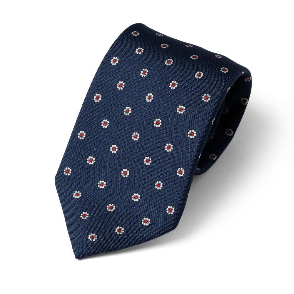 White Fiore Pattern Navy Printed Silk Tie