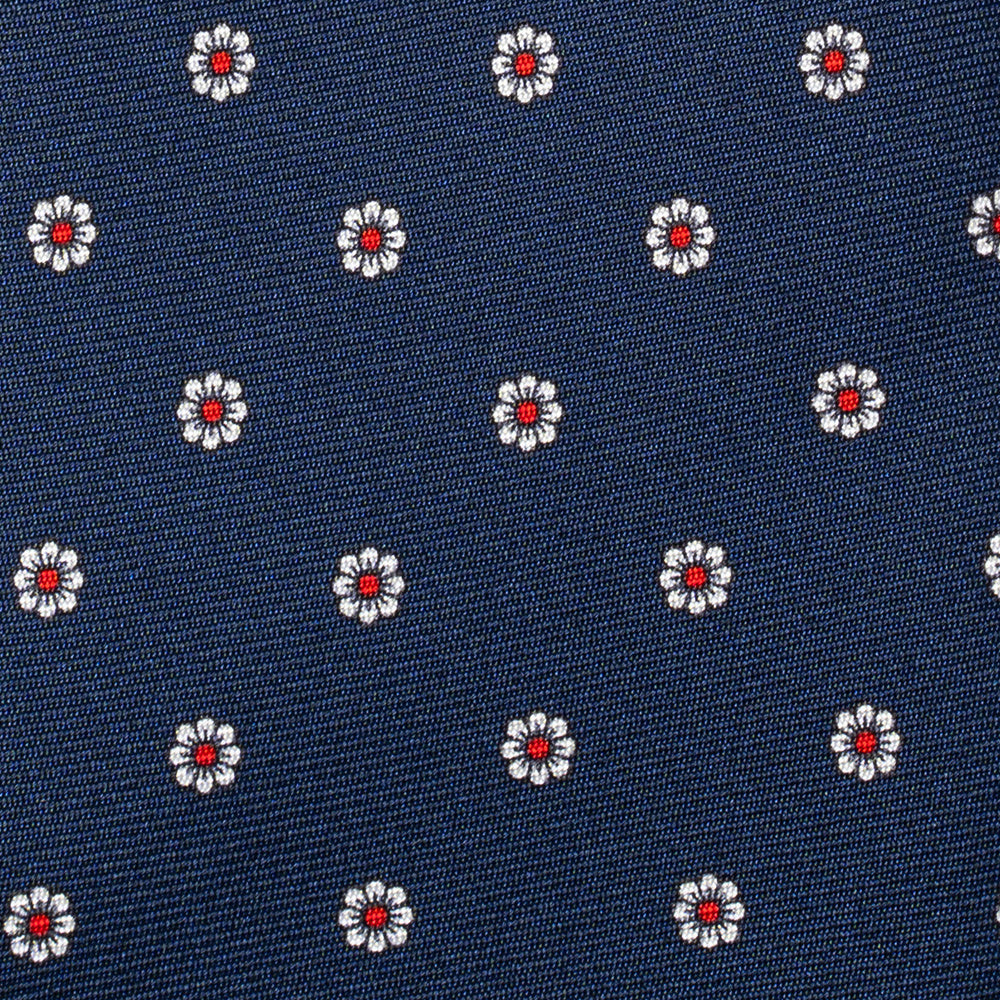 White Fiore Pattern Navy Printed Silk Tie