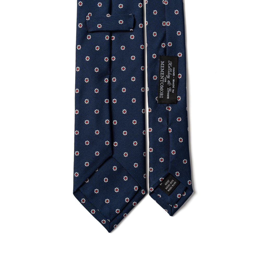 White Fiore Pattern Navy Printed Silk Tie