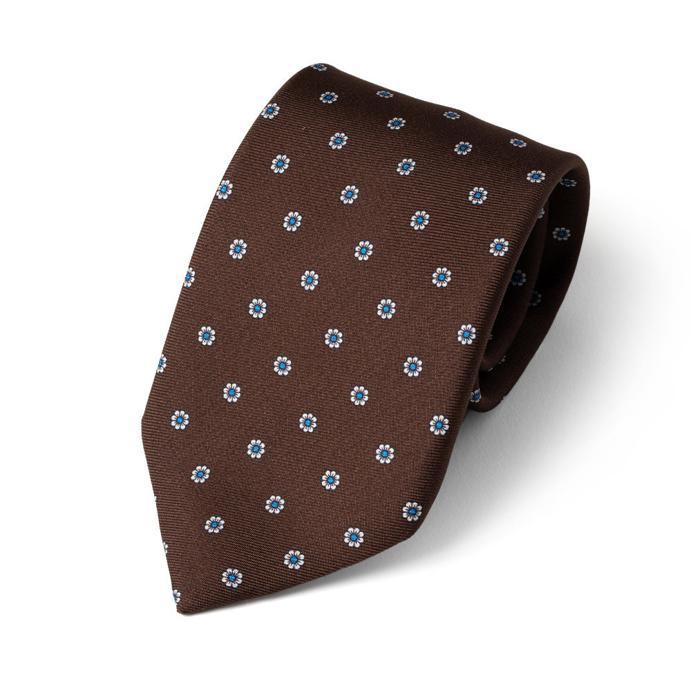 Brown Fiore Pattern Navy Printed Silk Tie