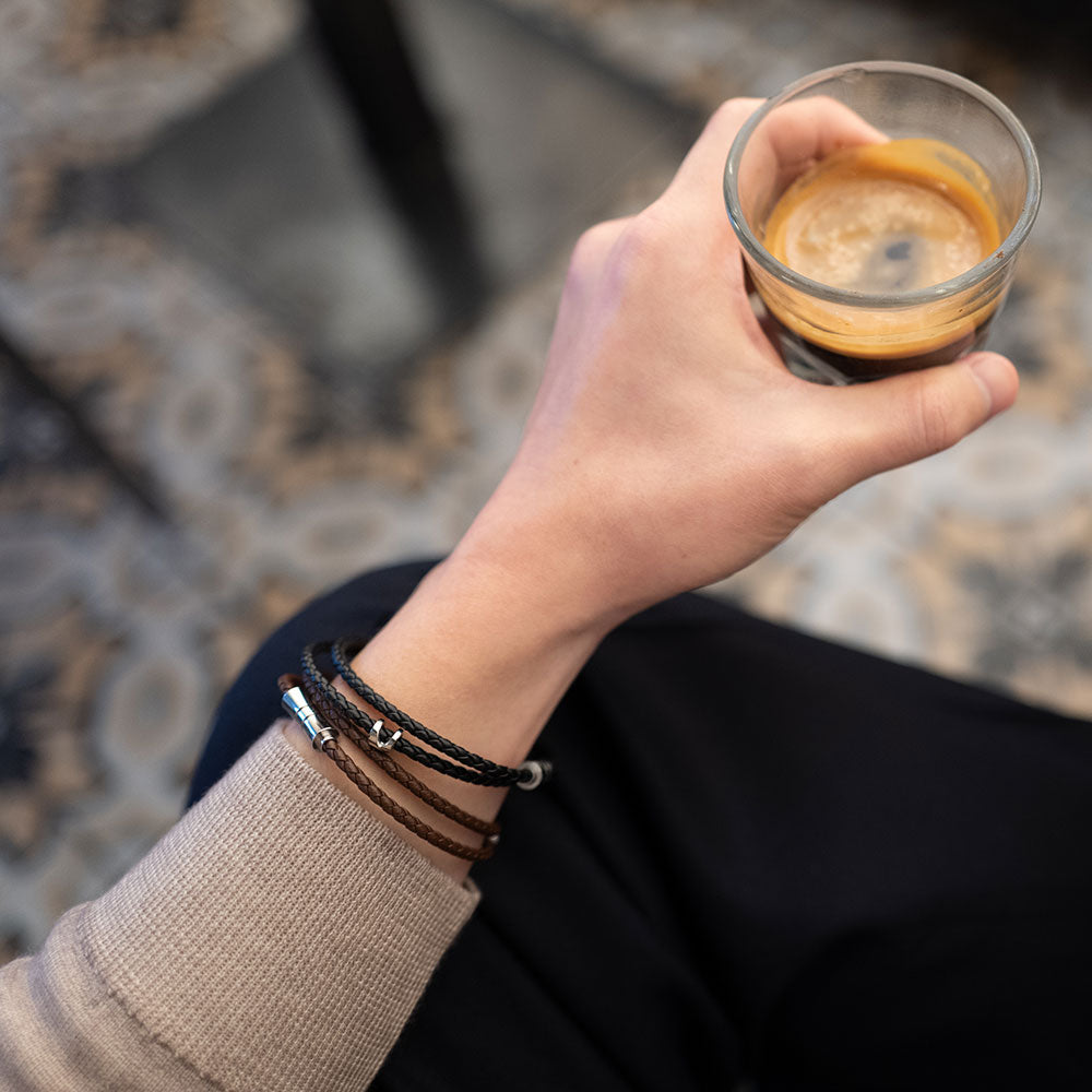 Double Wrap Crisscross Espresso Brown Leather Bracelet