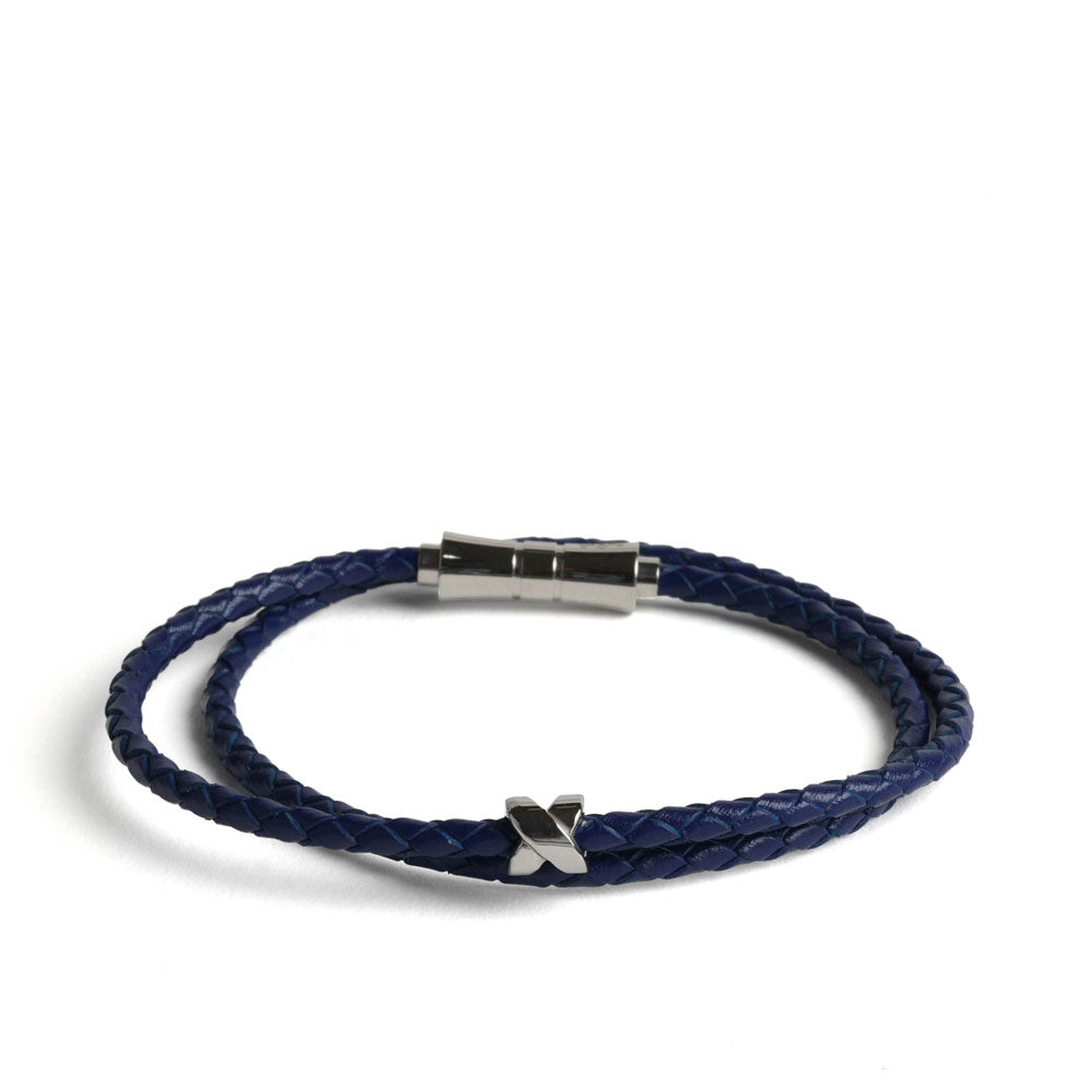 Double Wrap Crisscross Sapphire Blue Leather Bracelet
