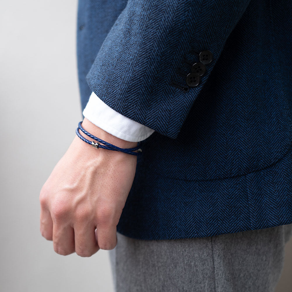 Double Wrap Crisscross Sapphire Blue Leather Bracelet