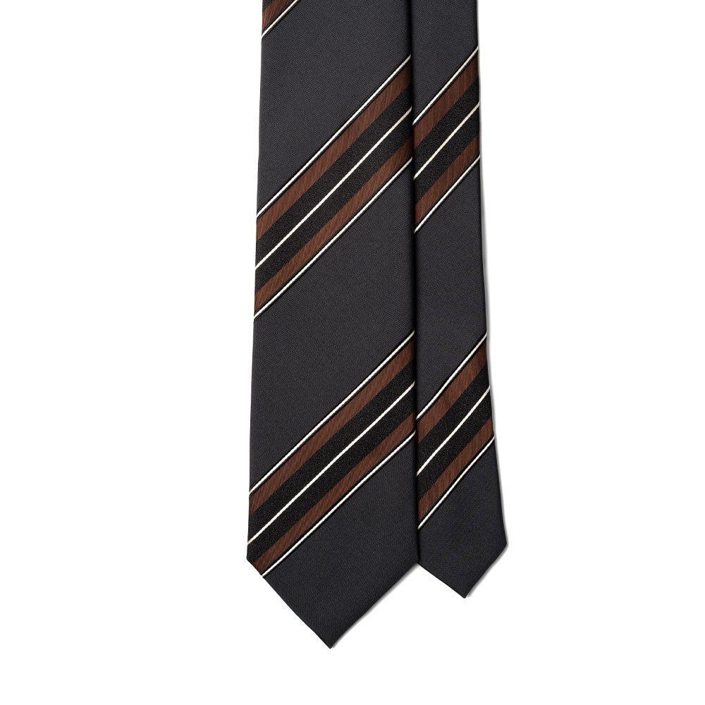 Wide Stripe Black Brown White Woven Silk Tie
