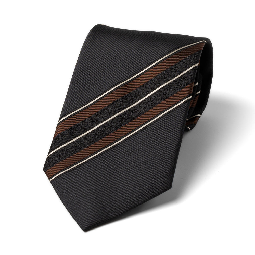 Wide Stripe Black Brown White Woven Silk Tie