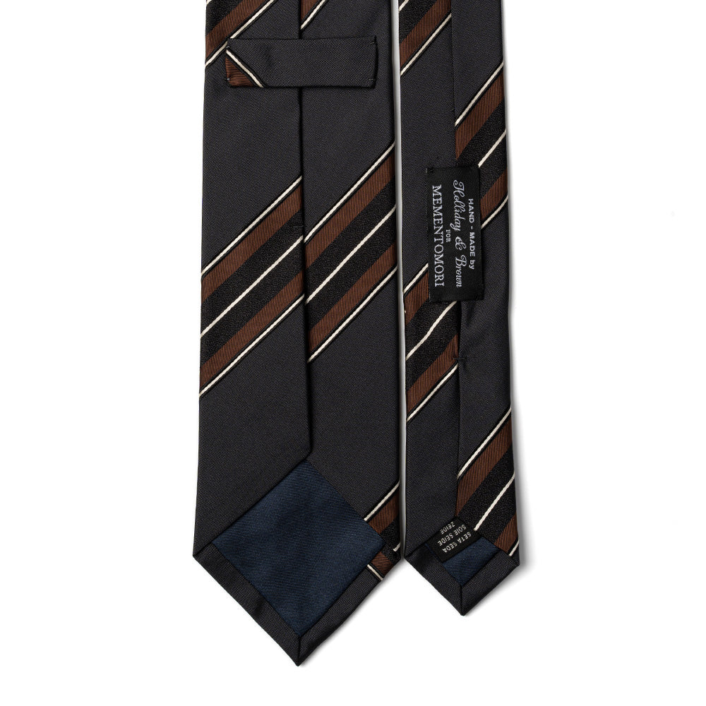 Wide Stripe Black Brown White Woven Silk Tie