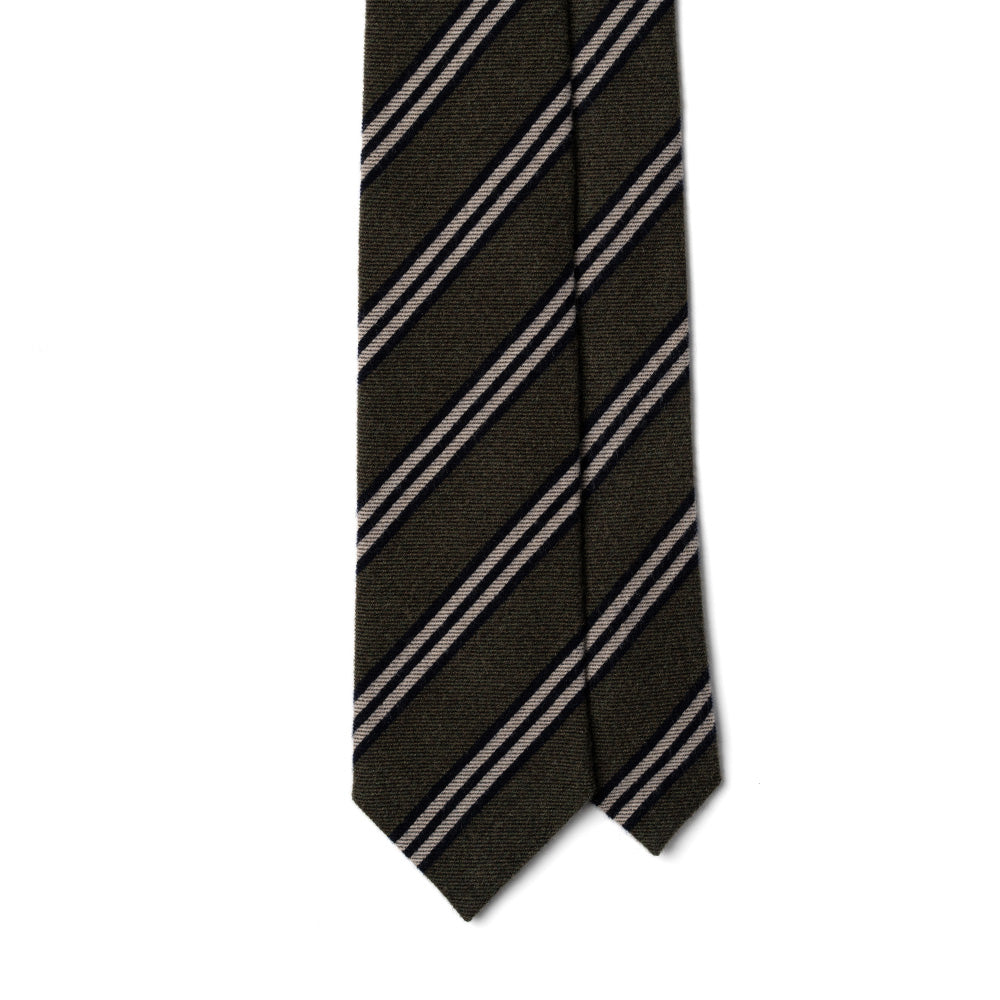 Classic Stripe Khaki Green Black Beige Woven Wool Silk Tie