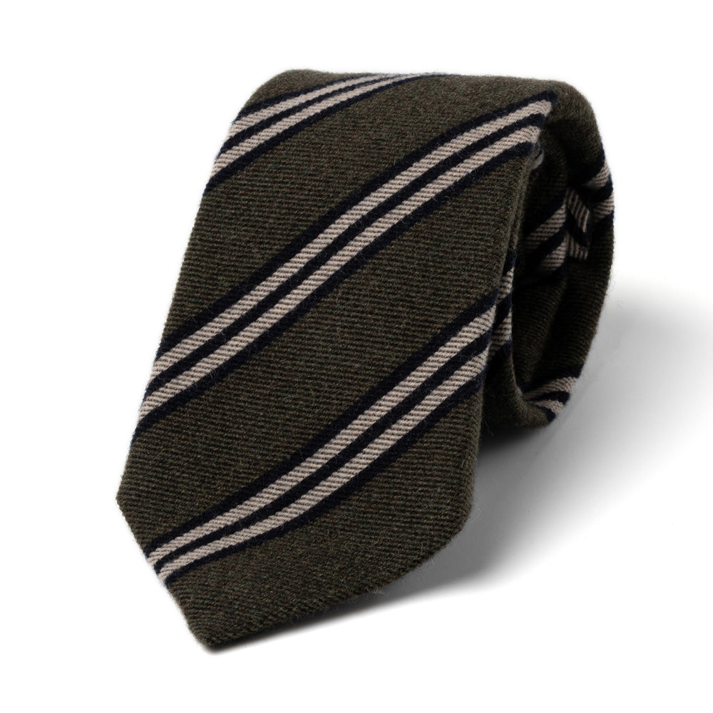 Classic Stripe Khaki Green Black Beige Woven Wool Silk Tie