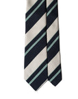King Twill Stripe Navy, Emerald Blue, and Silver Woven Silk Tie