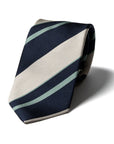 King Twill Stripe Navy, Emerald Blue, and Silver Woven Silk Tie