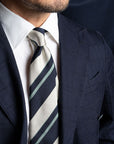 King Twill Stripe Navy, Emerald Blue, and Silver Woven Silk Tie