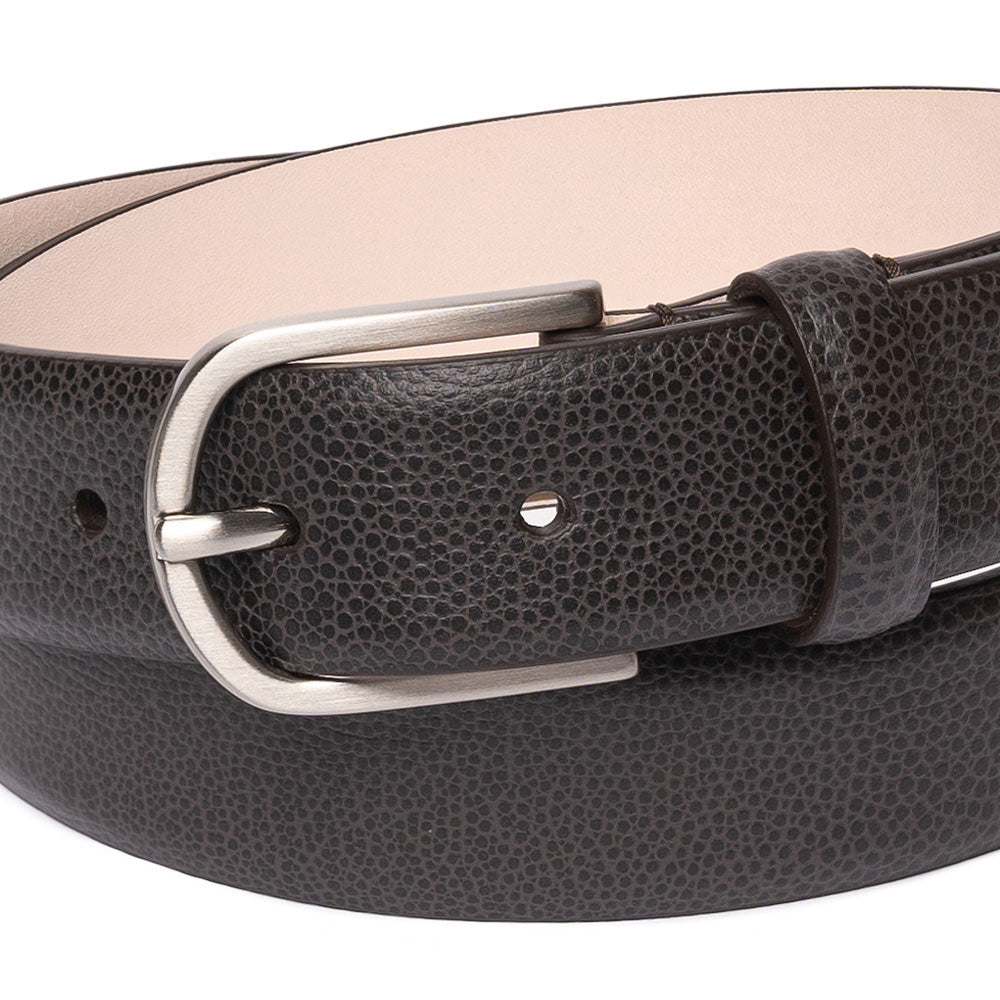 Mocha Brown Grain Calf Leather Brushed Silver Belt