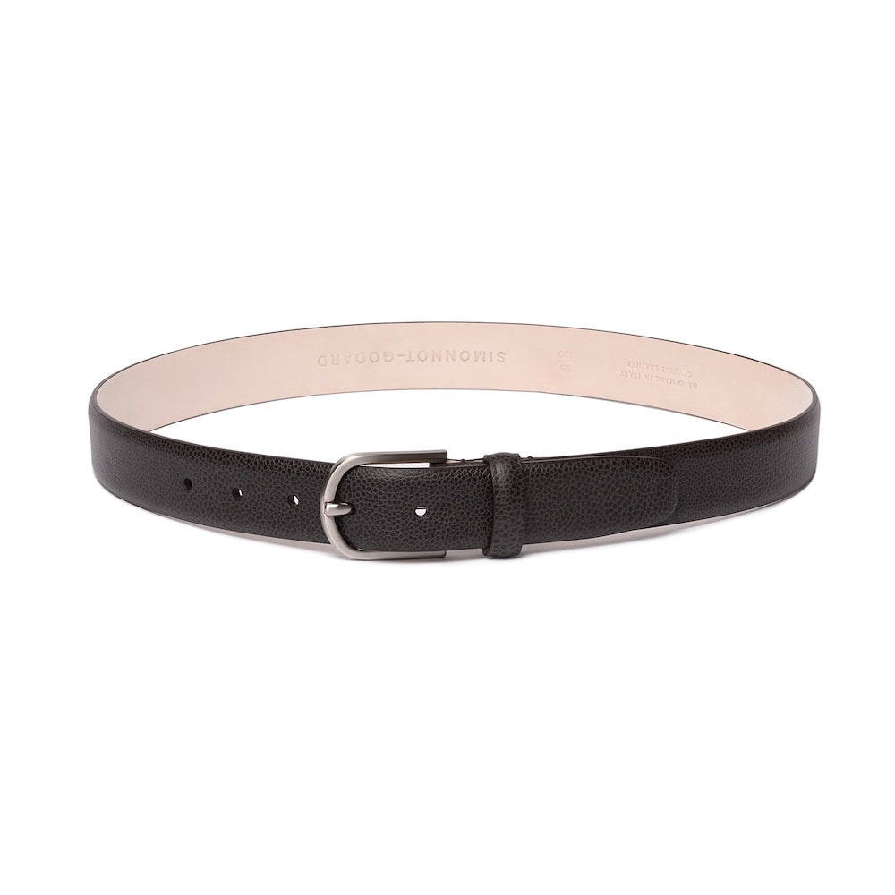 Mocha Brown Grain Calf Leather Brushed Silver Belt