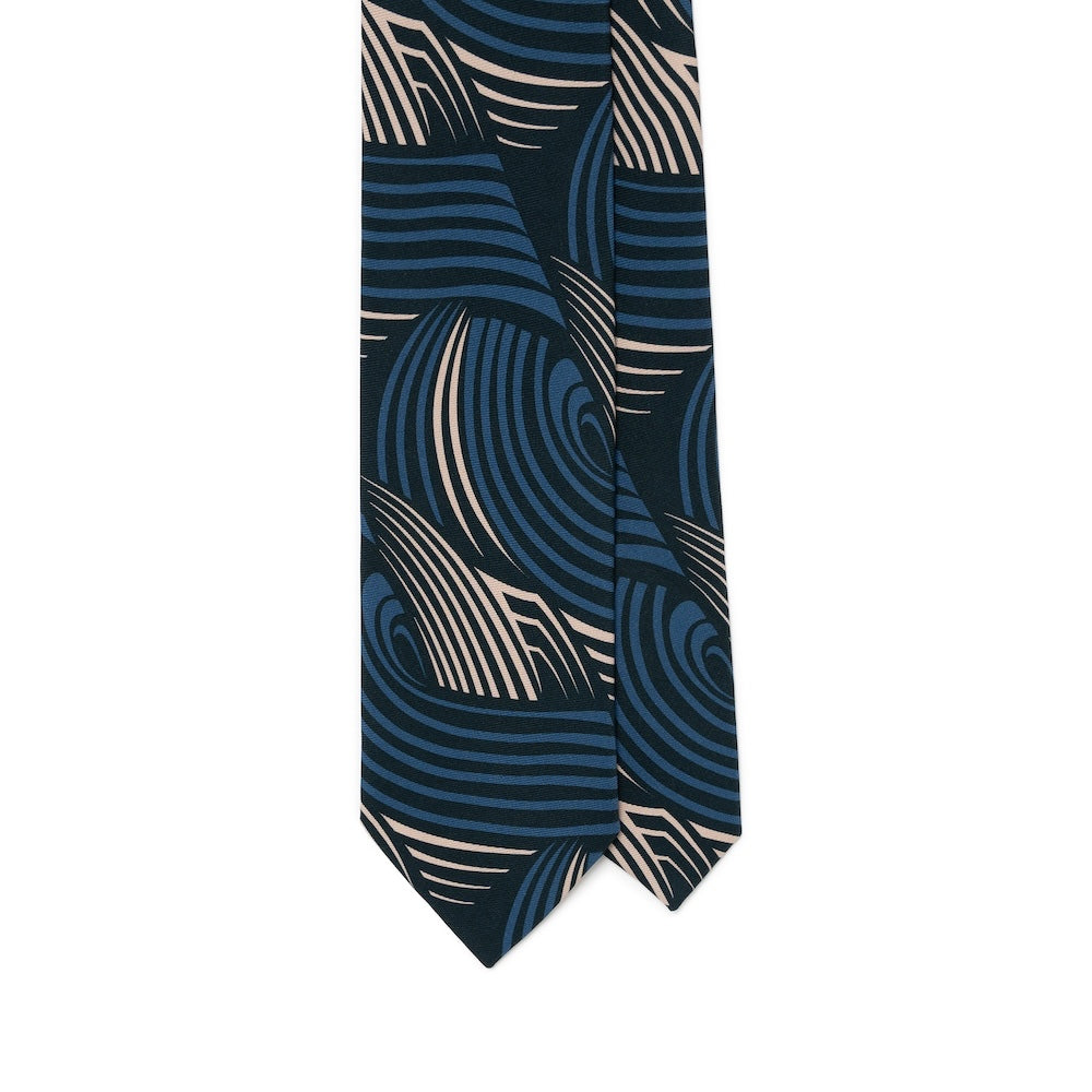 Wave Pattern Dark Navy Blue Beige Printed Silk Tie