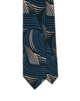 Wave Pattern Dark Navy Blue Beige Printed Silk Tie
