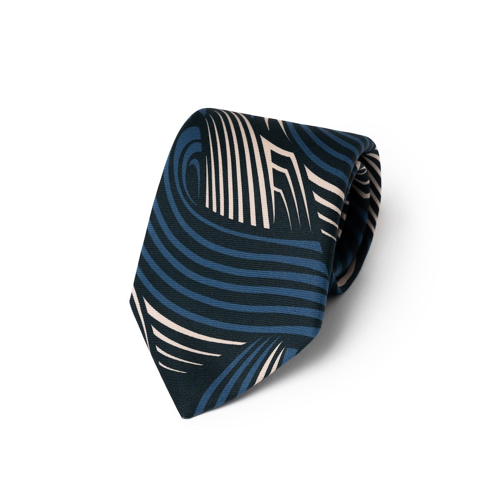 Wave Pattern Dark Navy Blue Beige Printed Silk Tie