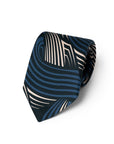 Wave Pattern Dark Navy Blue Beige Printed Silk Tie